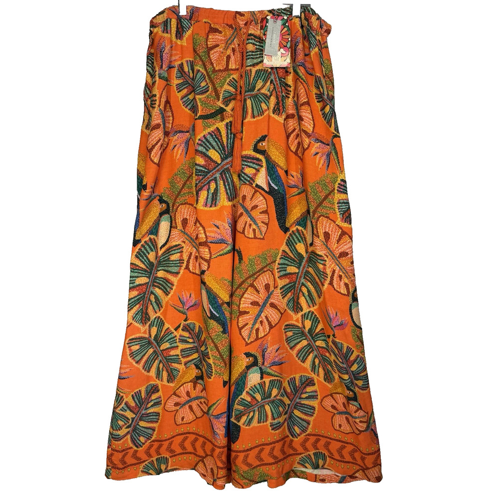 Farm Rio Birdie Pants Womens XL Petite Orange Wide Leg Resort NWT